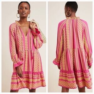 Anthropologie Maeve Dominique Tunic Dress pink yellow Geometric Boho Silhouette